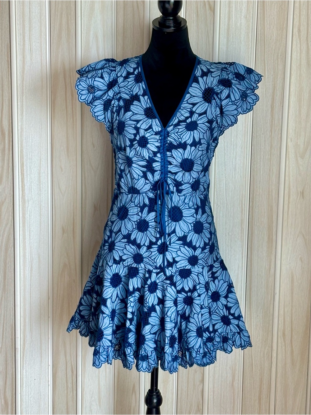 Sandro Navy and Light Blue Floral Tie-Front Mini Dress